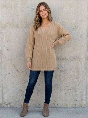Cozy V-Neck Tunic Sweater in Camel
